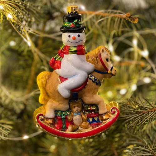 Елочная игрушка Komozja Снеговик на лошадке-качалке