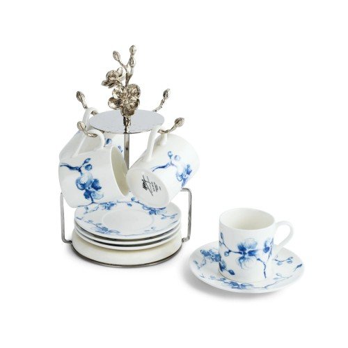 Фарфоровые чашки с блюдцем на подставке Michael Aram Blue orchid х4