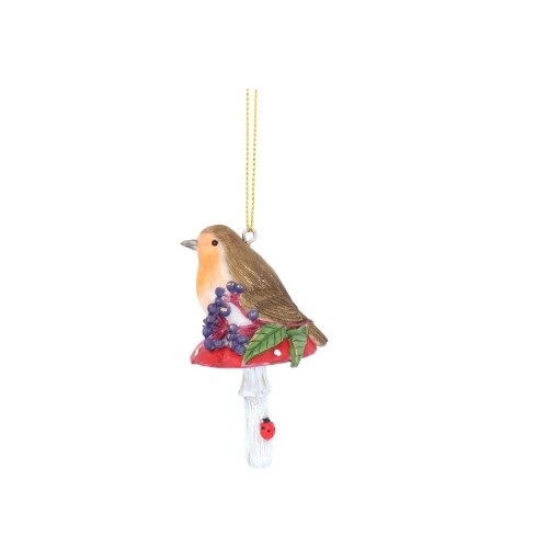 Елочная игрушка Gisela Graham Птичка на мухоморе с синими ягодками