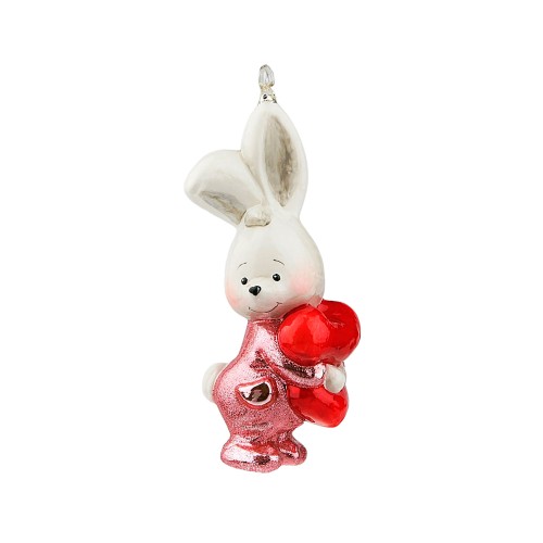 Елочная игрушка Символ года Komozja Зайка с сердечком в розовом блестящем