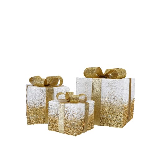 Новорічна статуетка ZELENA Подарункові коробки біло-золоті х3 LED