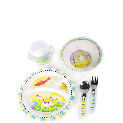 Набір дитячого посуду MacKenzie-Childs Жабка: тарілка, чаша, стаканчик, ложка, виделка