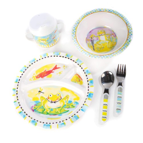 Набір дитячого посуду MacKenzie-Childs Жабка: тарілка, чаша, стаканчик, ложка, виделка