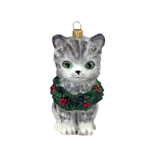 Ялинкова іграшка Komozja Кошеня сірий з віночком