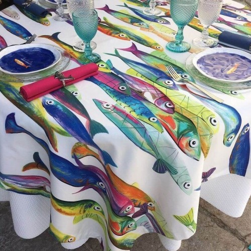 Скатертина на стіл Tessitura Toscana бавовняна Poisson Bleu кругла Д170