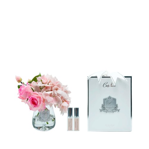 Аромадиффузор Cote Noire Flower Гортензия и роза нежно-розовая в прозрачной вазе